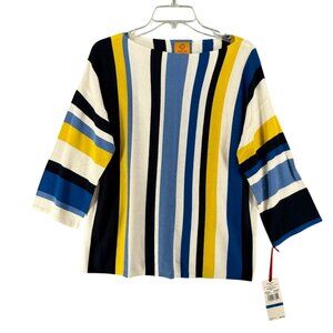 Ruby Rd. Womens PXL Cabana Club Striped Knit Top Yellow/Blue/White 3/4 Sleeve